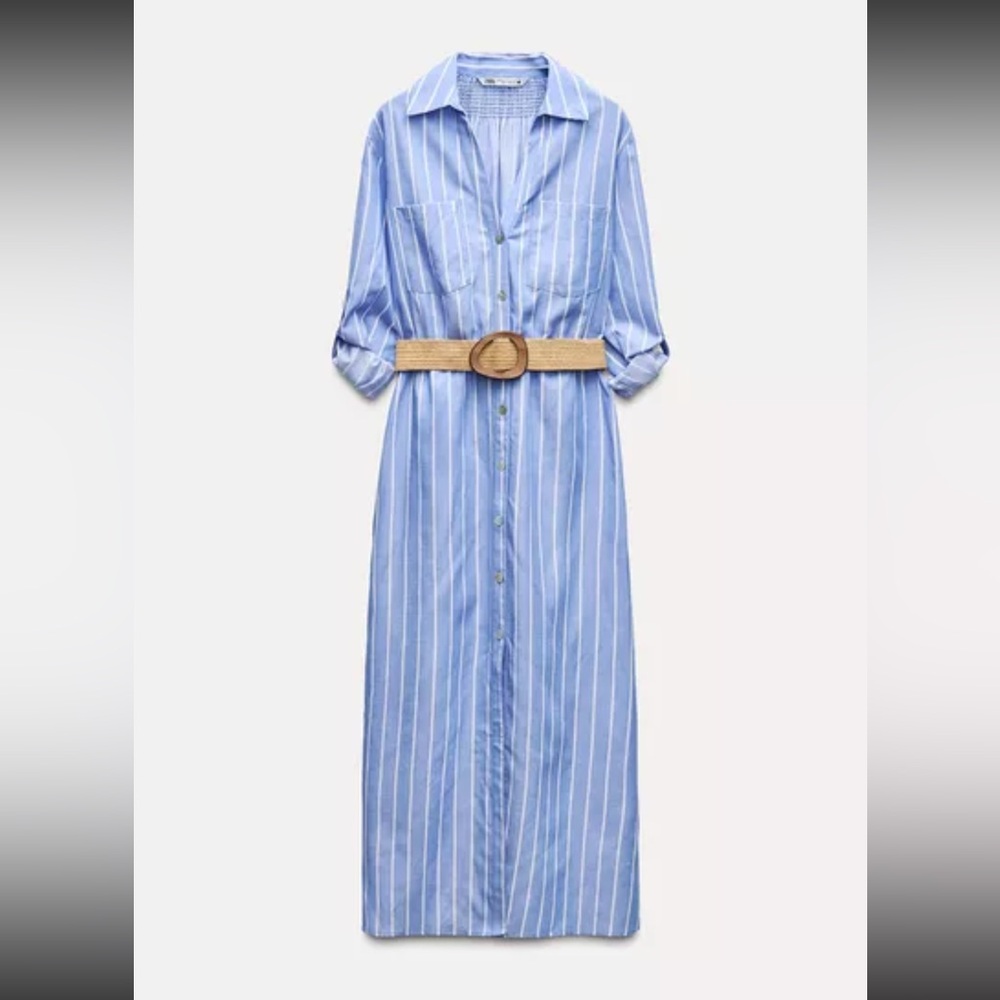 Zara Blue Striped Shirt Dress with Tan Belt